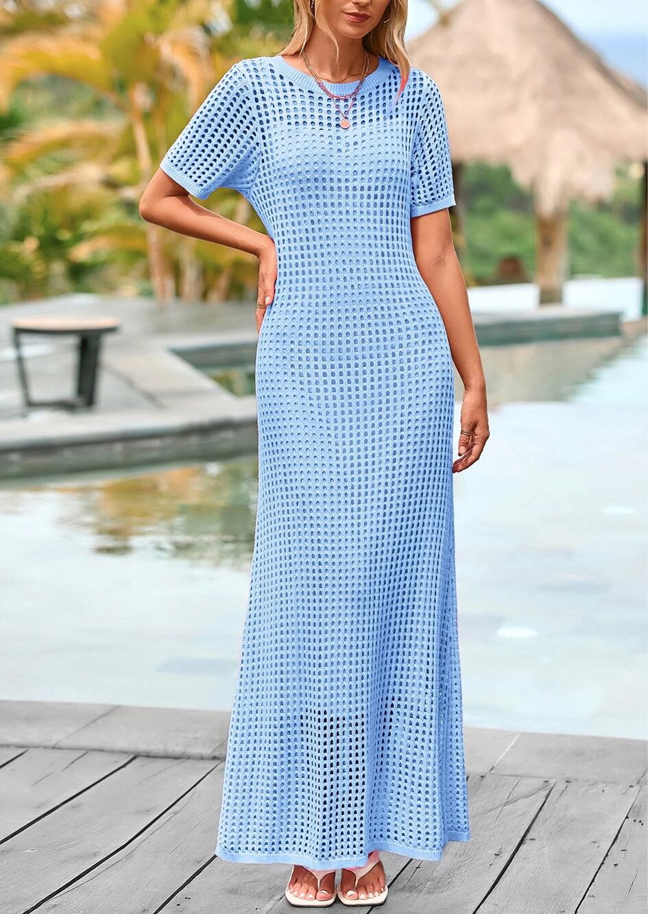 PRETTYGARDEN Light Blue Eyelet Knit Cover Up Maxi Dress XL EUC